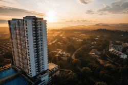 Golden sunrise aerial view near the apartment housing in Bandar Seri Putra, Malaysia. bangunan